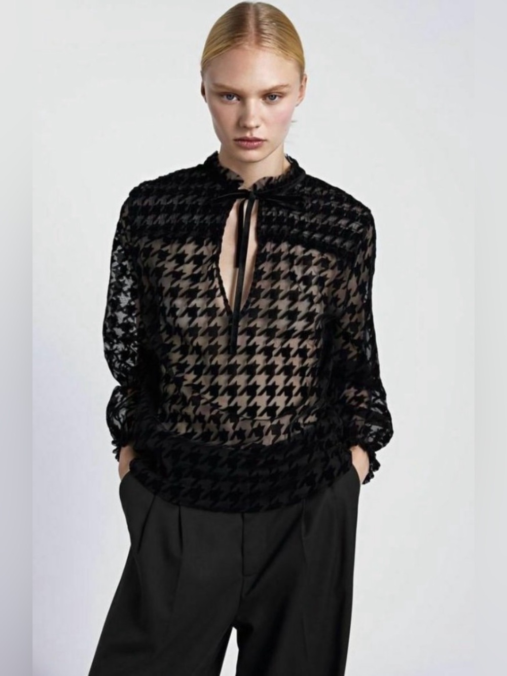 ZARA Black Houndstooth Sheer Flocking Button Down Blouse Top